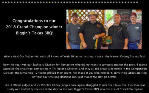 2018 Grand Champ winner Biggins Texas BBQ Los Banos CA