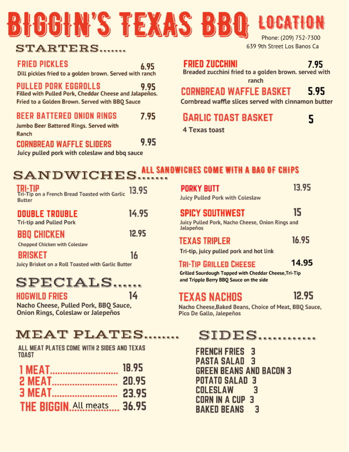 Biggin's Texas BBQ Menu Los Banos Ca 5.2021